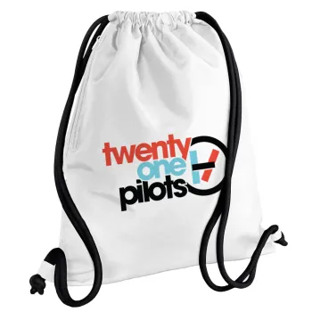 Twenty one pilots, Τσάντα πλάτης πουγκί GYMBAG λευκή, με τσέπη (40x48cm) & χονδρά κορδόνια