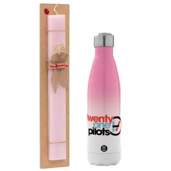 Twenty one pilots, Easter Set, Metallic pink/white (Stainless steel) thermos, double-walled, 500ml & aromatic flat Easter candle (30cm) (PINK)