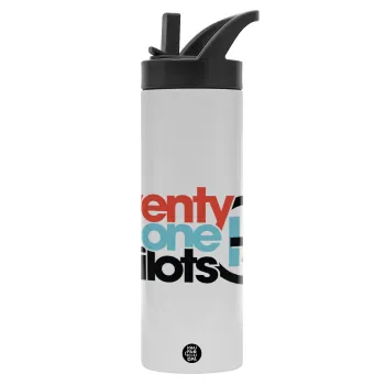 Twenty one pilots, Metallic thermos bottle with straw & handle, stainless steel (Stainless steel 304), double-walled, 600ml.