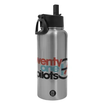 Twenty one pilots, Μεταλλικό παγούρι θερμός Silver με καλαμάκι και χερούλι (Stainless steel), διπλού τοιχώματος, 950ml