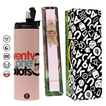 Twenty one pilots, Easter candle,Travel Tumbler 2 Lids, with metal straw & cleaning brush & aromatic flat candle (30cm) (PINK)