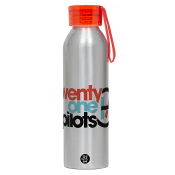 Twenty one pilots, Αλουμινένιο Αθλητικό Μπουκάλι 650ml – Ασημί με Κόκκινο Καπάκι και Λουράκι Σιλικόνης