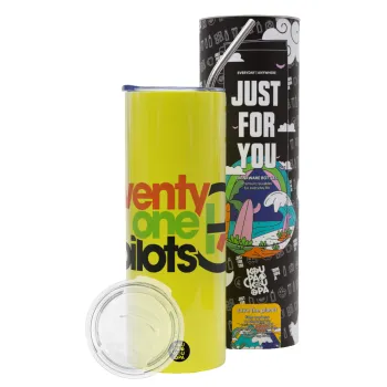 Twenty one pilots, Neon Yellow Travel Tumbler θερμό, μεταλλικό καλαμάκι(Ανωξείδωτο 304 Food grade, BPA free, 600ml)