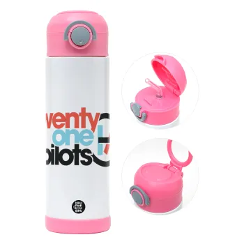 Twenty one pilots, Children's hot water bottle, stainless steel, with safety straw, PINK (500ml)