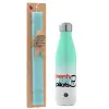 Easter Set, Metallic green/white thermos (Stainless steel), double-walled, 500ml & scented flat Easter candle (30cm) (TURQUOISE)