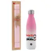 Easter Set, Metallic pink/white (Stainless steel) thermos, double-walled, 500ml & aromatic flat Easter candle (30cm) (PINK)