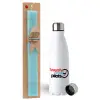 Easter Set, metallic stainless steel water bottle (750ml) & aromatic flat Easter candle (30cm) (TURQUOISE)