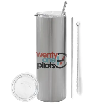 Twenty one pilots, Tumbler ποτήρι θερμό Ασημένιο από ανοξείδωτο ατσάλι 600ml, με μεταλλικό καλαμάκι & βούρτσα καθαρισμού