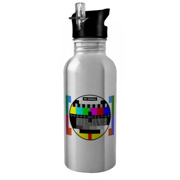 No signal, Water bottle Silver with straw, stainless steel 600ml