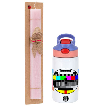 No signal, Easter Set, Children's thermal stainless steel water bottle with safety straw, pink/purple (350ml) & Easter scented flat candle (30cm) (PINK)