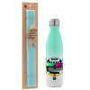 Easter Set, Metallic green/white thermos (Stainless steel), double-walled, 500ml & scented flat Easter candle (30cm) (TURQUOISE)
