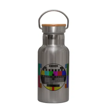 No signal, Stainless steel metallic thermos flask, silver with a bamboo lid, double-walled, 350ml.