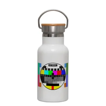 No signal, Metallic thermos (Stainless steel) White with wooden lid (bamboo), double-walled, 350ml