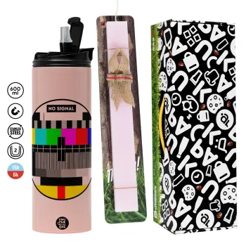 No signal, Πασχαλινή Λαμπάδα με  ΡΟΖ Travel Tumbler θερμό (600ml, BPA free) & κερί αρωματικό πλακέ (30cm) (ΡΟΖ)