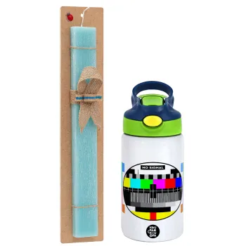 No signal, Easter Set, Children's thermal stainless steel bottle with safety straw, green/blue (350ml) & aromatic flat Easter candle (30cm) (TURQUOISE)