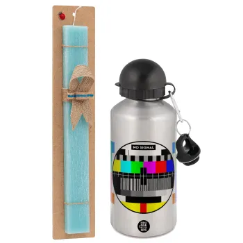 No signal, Easter Set, metallic silver aluminum water bottle (500ml) & scented flat Easter candle (30cm) (TURQUOISE)