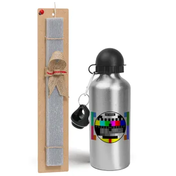 No signal, Πασχαλινή Λαμπάδα με παγούρι μεταλλικό Ασημένιο αλουμινίου (500ml) & κερί αρωματικό πλακέ (30cm) (ΓΚΡΙ)