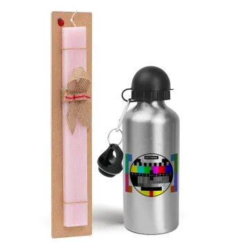 No signal, Easter Set, metallic Silver aluminum water bottle (500ml) & scented flat Easter candle (30cm) (PINK)