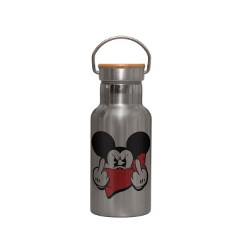 Mickey fuck off, Stainless steel metallic thermos flask, silver with a bamboo lid, double-walled, 350ml.