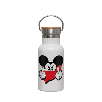 Mickey fuck off, Metallic thermos (Stainless steel) White with wooden lid (bamboo), double-walled, 350ml