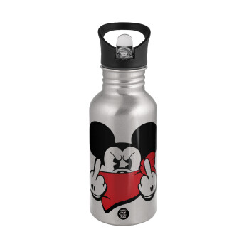Mickey fuck off, Water bottle Silver with straw, stainless steel 500ml