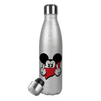 Mickey fuck off, Μεταλλικό παγούρι θερμός Glitter Aσημένιο (Stainless steel), διπλού τοιχώματος, 500ml