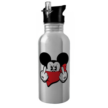 Mickey fuck off, Water bottle Silver with straw, stainless steel 600ml