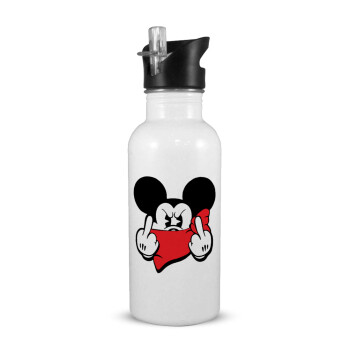 Mickey fuck off, White water bottle with straw, stainless steel 600ml