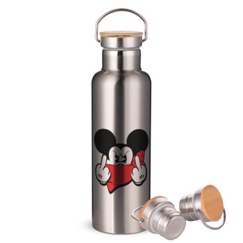 Mickey fuck off, Stainless steel Silver with wooden lid (bamboo), double wall, 750ml