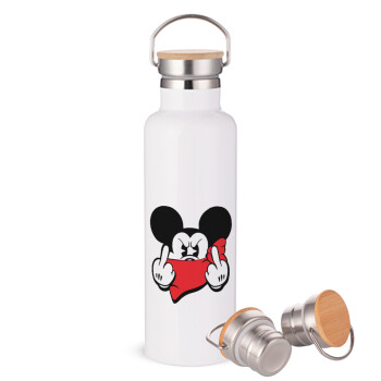 Mickey fuck off, Μεταλλικό παγούρι θερμός (Stainless steel) Λευκό με ξύλινο καπάκι (bamboo), διπλού τοιχώματος, 750ml