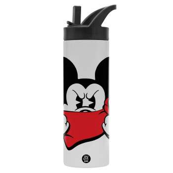 Mickey fuck off, Μεταλλικό παγούρι θερμός με καλαμάκι & χειρολαβή, ανοξείδωτο ατσάλι (Stainless steel 304), διπλού τοιχώματος, 600ml