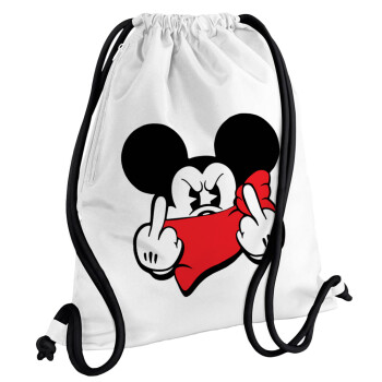 Mickey fuck off, Τσάντα πλάτης πουγκί GYMBAG λευκή, με τσέπη (40x48cm) & χονδρά κορδόνια