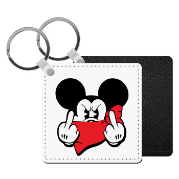 Mickey fuck off, Μπρελόκ Δερματίνη, τετράγωνο ΜΑΥΡΟ (5x5cm)