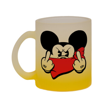 Mickey fuck off, Κούπα γυάλινη δίχρωμη με βάση το κίτρινο ματ, 330ml