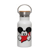 Metallic thermos (Stainless steel) White with wooden lid (bamboo), double-walled, 350ml