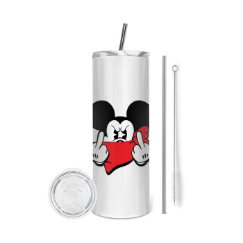 Mickey fuck off, Tumbler ποτήρι θερμό από ανοξείδωτο ατσάλι 600ml, με μεταλλικό καλαμάκι & βούρτσα καθαρισμού