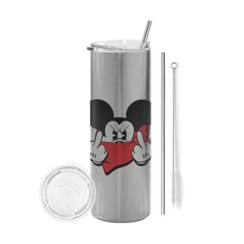Mickey fuck off, Eco friendly stainless steel Silver tumbler 600ml, with metal straw & cleaning brush