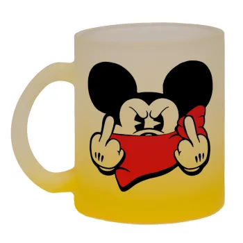 Mickey fuck off, Κούπα γυάλινη δίχρωμη με βάση το κίτρινο ματ, 330ml