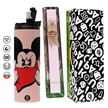 Mickey fuck off, Πασχαλινή Λαμπάδα με  ΡΟΖ Travel Tumbler θερμό (600ml, BPA free) & κερί αρωματικό πλακέ (30cm) (ΡΟΖ)