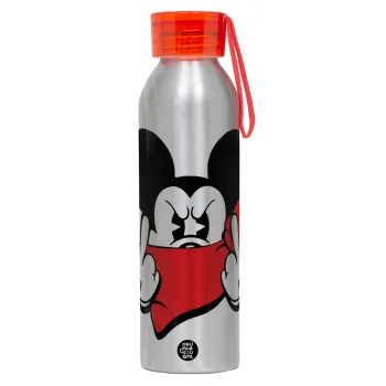 Mickey fuck off, Αλουμινένιο Αθλητικό Μπουκάλι 650ml – Ασημί με Κόκκινο Καπάκι και Λουράκι Σιλικόνης