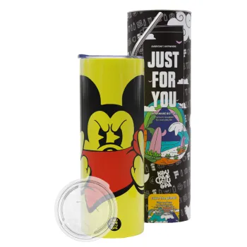 Mickey fuck off, Neon Yellow Travel Tumbler θερμό, μεταλλικό καλαμάκι(Ανωξείδωτο 304 Food grade, BPA free, 600ml)