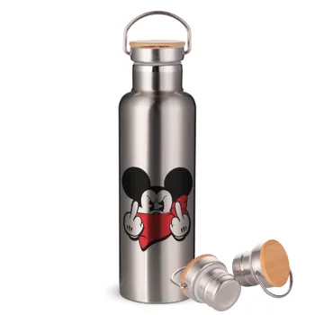Mickey fuck off, Μεταλλικό παγούρι θερμός (Stainless steel) Ασημένιο με ξύλινο καπακι (bamboo), διπλού τοιχώματος, 750ml
