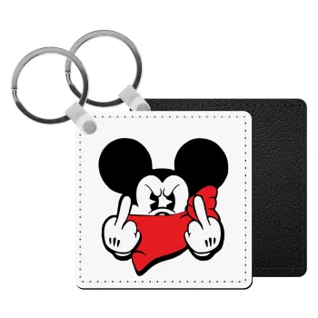 Mickey fuck off, Μπρελόκ Δερματίνη, τετράγωνο ΜΑΥΡΟ (5x5cm)