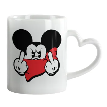 Mickey fuck off, Κούπα καρδιά χερούλι λευκή, κεραμική, 330ml