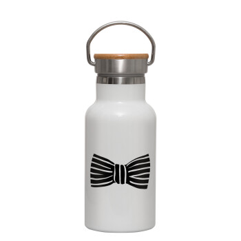 Bow tie, Metallic thermos (Stainless steel) White with wooden lid (bamboo), double-walled, 350ml