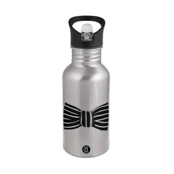 Bow tie, Water bottle Silver with straw, stainless steel 500ml