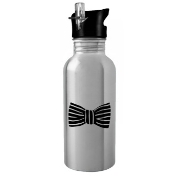 Bow tie, Water bottle Silver with straw, stainless steel 600ml