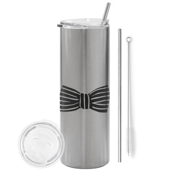 Bow tie, Eco friendly stainless steel Silver tumbler 600ml, with metal straw & cleaning brush