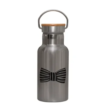 Bow tie, Μεταλλικό παγούρι θερμός (Stainless steel) Ασημένιο με ξύλινο καπακι (bamboo), διπλού τοιχώματος, 350ml