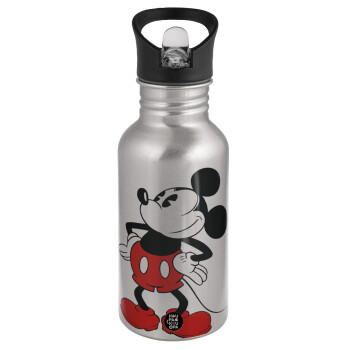 Mickey Classic, Water bottle Silver with straw, stainless steel 500ml